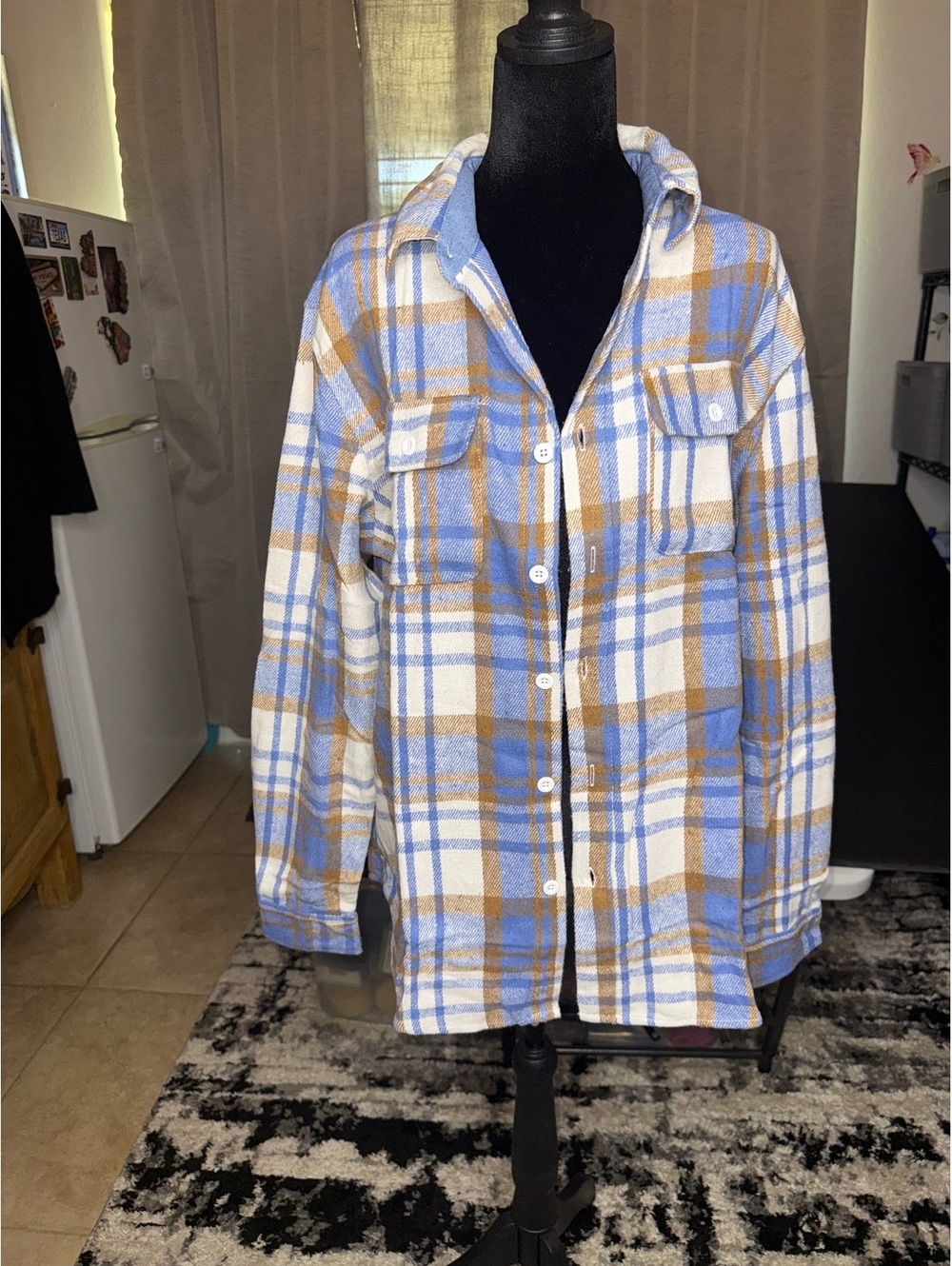 Goofy Andy Blue and Brown Plaid Button-Up Shirt Jacket, Size